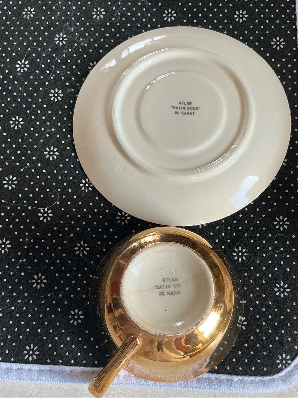 Atlas Satin Gold Cream Teacup and Saucer Set with case